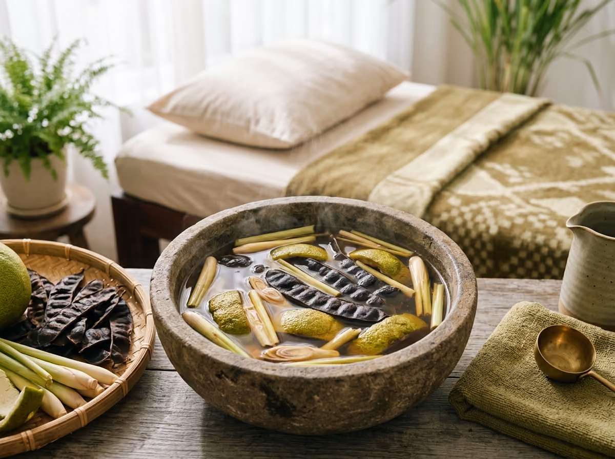 Gội Đầu Dưỡng Sinh Bồ Kết — Bồ kết, sả và vỏ bưởi